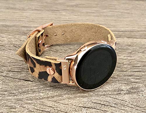 Leopard Print Genuine Leather Band for Samsung Galaxy Watch 42mm Adjustable Size Strap Bracelet Smartwatch Rose Gold Metal Jewelry Wristband