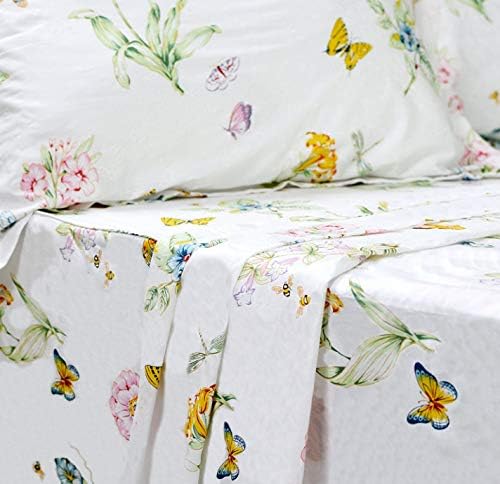 Juego de sábanas florales blancas tamaño Queen, 100% algodón, 600 hilos, diseño floral desgastado con estampado de mariposas, bolsillo profundo,