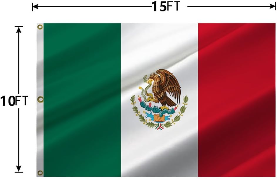 Bandera de México de 10 x 15 pies, banderas nacionales mexicanas con 3 ojales de latón, 4 costuras y poliéster 100D de alta calidad.