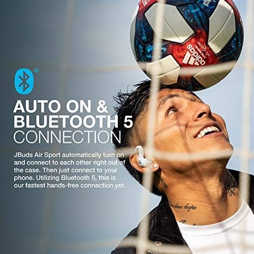JLab JBuds Air Sport True Auriculares Bluetooth inalámbricos + funda de carga, blanco, resistencia al sudor IP66, conexión Bluetooth 5.0 clase 1,