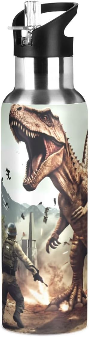 Botella de agua con popote 3D de dinosaurio T-Rex Disaster Dragon Lid termo para niños, termo de acero inoxidable aislado para agua, deportes, 20 oz
