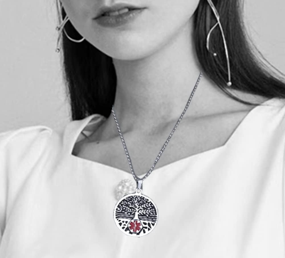 Collar de primeros auxilios de emergencia de identificación de alerta médica del árbol de la vida de acero inoxidable