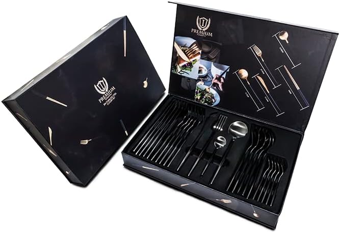 Juego de vajilla negra de acero inoxidable 304 24 PC con caja de regalo
