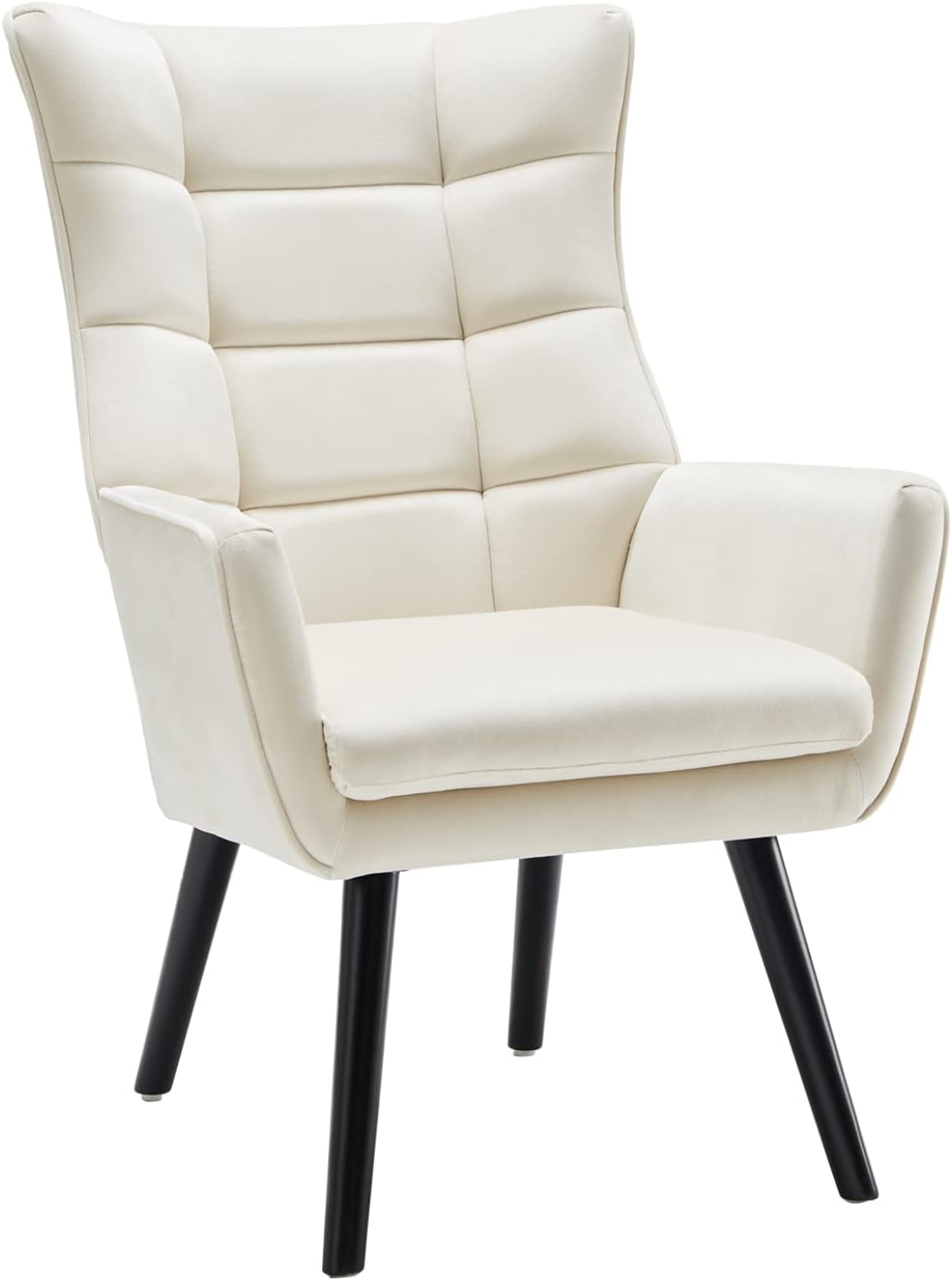 Silla decorativa color blanco crema, silla de terciopelo con respaldo de ala, a cuadros, cómoda silla copetuda con patas de madera, sofá individual