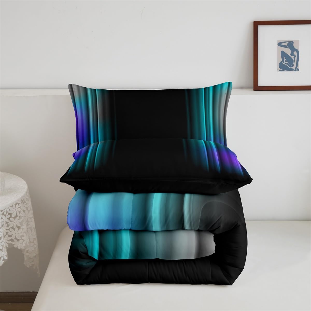 Feelyou Juego de ropa de cama geométrica degradada para hombres, adultos, adolescentes, verde azulado y azul, gris, negro, a rayas, juego de edredón