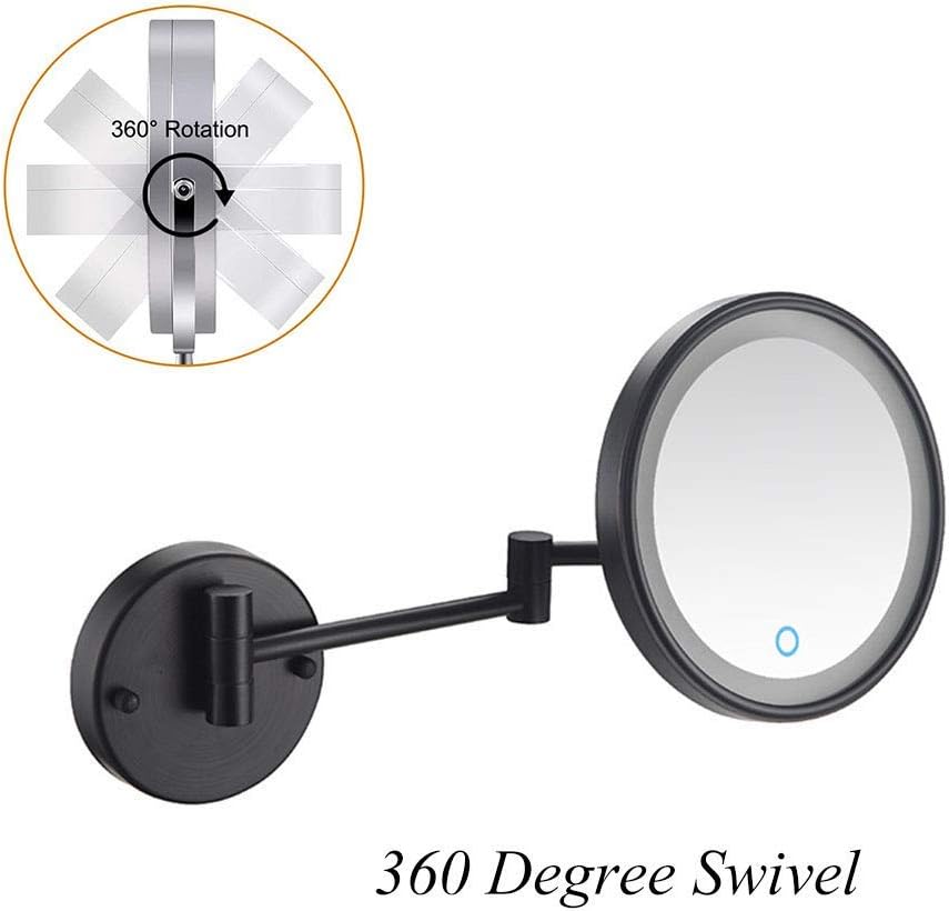 FORTTS Espejo de maquillaje montado en la pared de 8 pulgadas, espejo de maquillaje con luces LED, pantalla táctil, de un solo lado, giratorio de