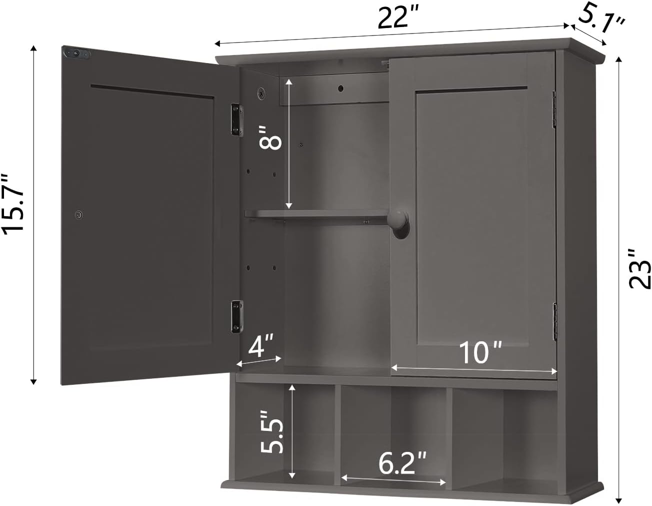 TaoHFE Armario de baño gris, gabinete de pared de baño con estantes ajustables de 2 puertas, armario de almacenamiento sobre el inodoro, armario de