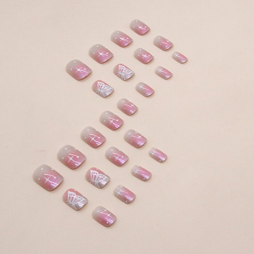 Uñas postizas cortas cuadradas a presión, uñas postizas con pegamento en polvo Aurora, uñas acrílicas con diseños de estrellas de mariposa, uñas