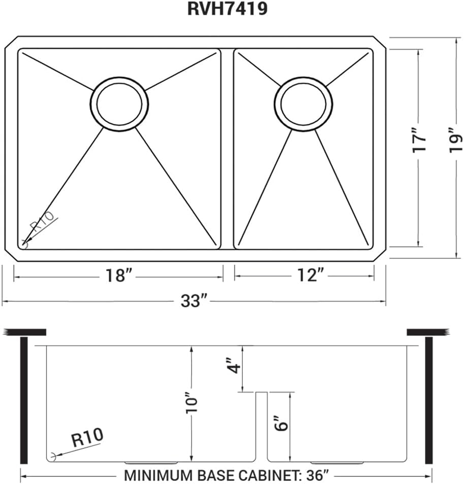 Ruvati RVH7419 – Fregadero de cocina de acero inoxidable de calibre 16 de 33 pulgadas, radio apretado 6040 de bajo división