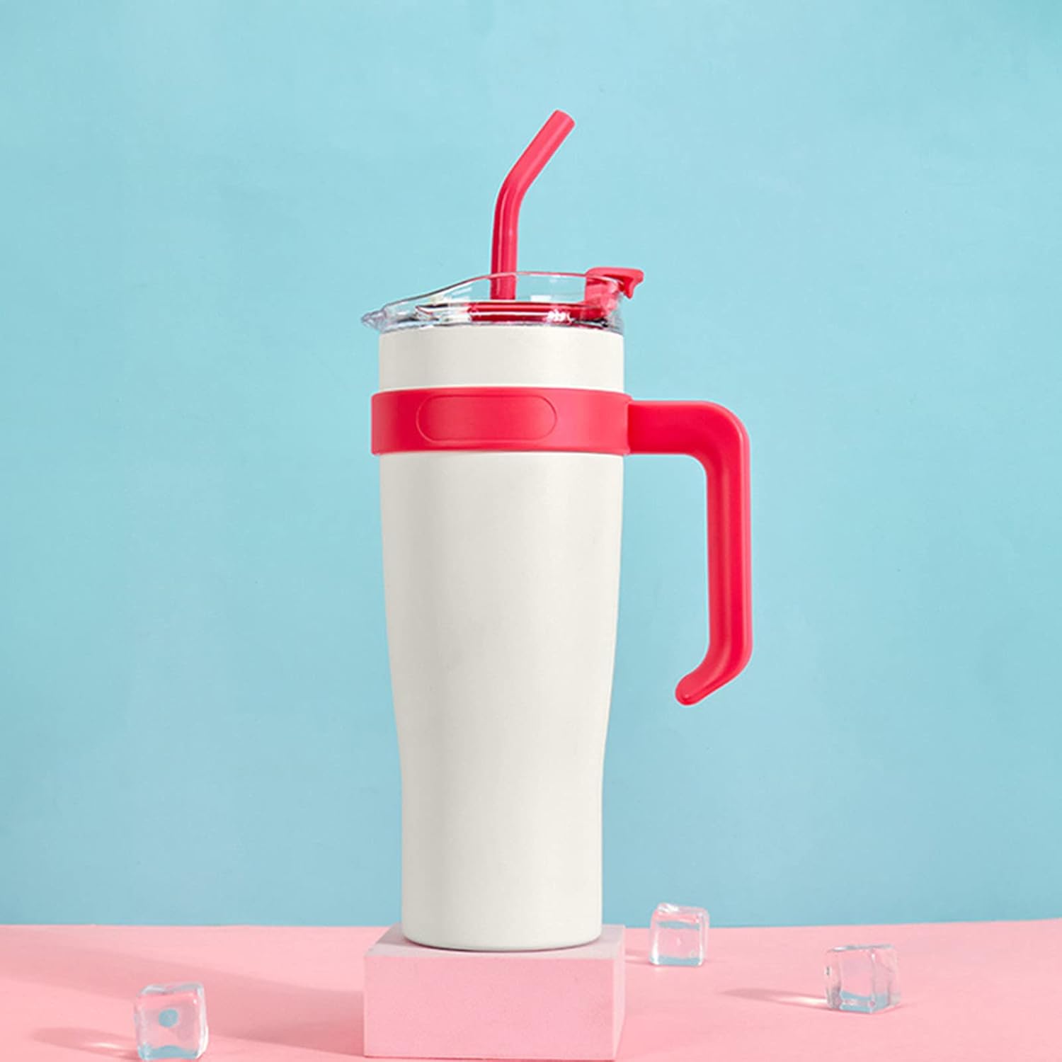 Xmipbs Vaso de 40 onzas con aislamiento al vacío de acero inoxidable con asa y pajilla, mantiene las bebidas calientes o frías, para uso doméstico y