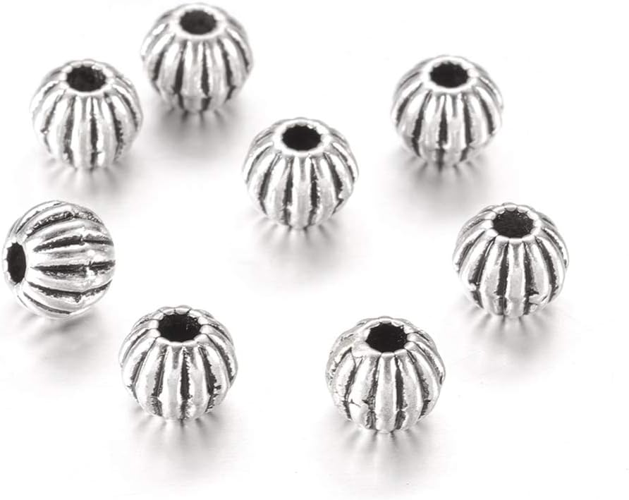 KISSITTY 200 cuentas espaciadoras redondas corrugadas de plata antigua de 0.236 pulgadas (0.236 in), pequeños espaciadores de metal tibetano para