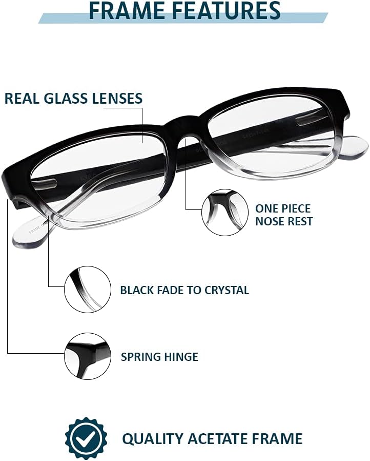 Gafas de lectura de vidrio transparente – Lentes de cristal real – Marco de acetato elegante – Aumento +0.25 a +3.00