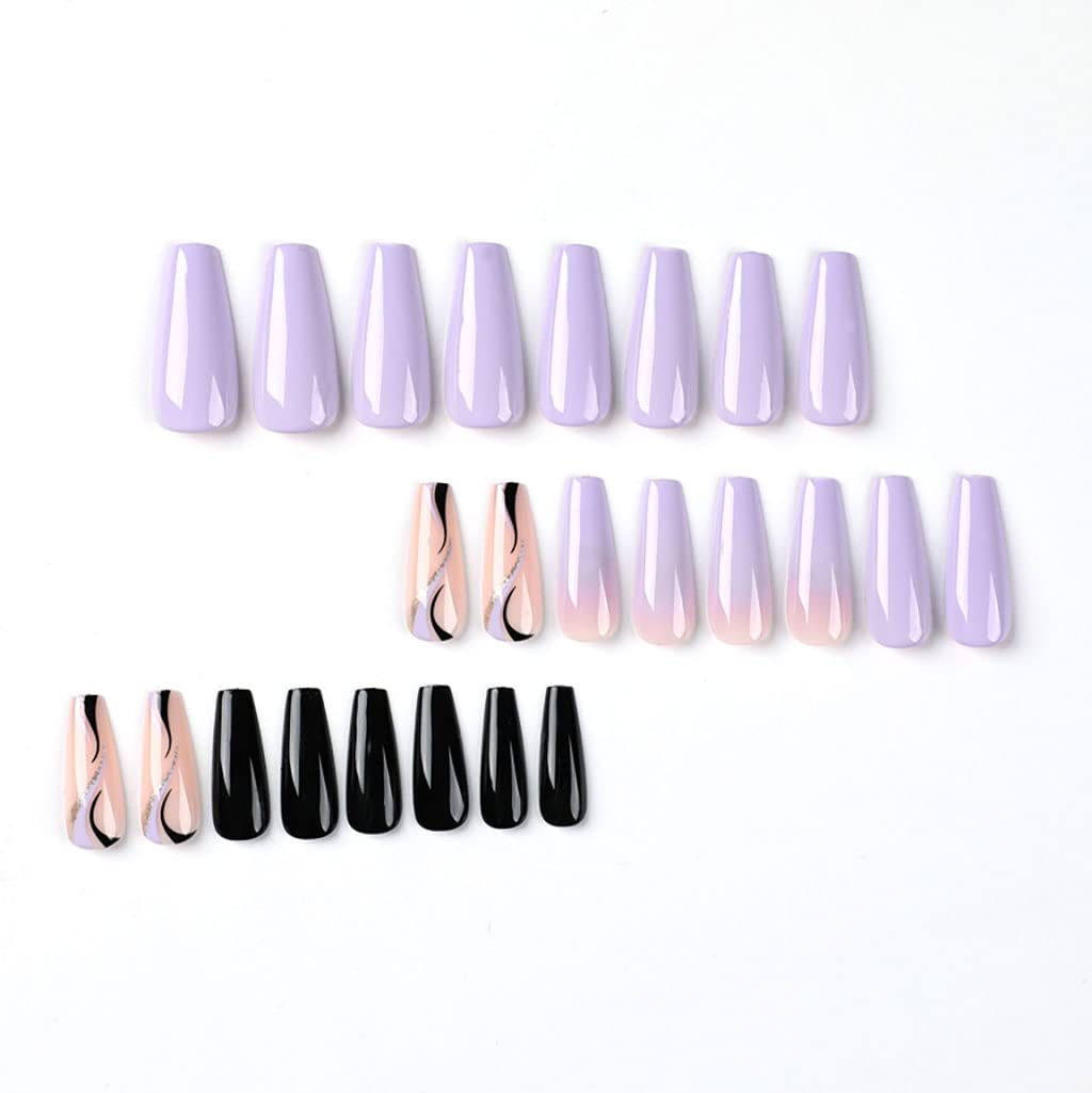 RikView Uñas postizas largas a presión con forma de ataúd, uñas acrílicas negras, uñas postizas moradas, uñas brillantes para mujeres y niñas