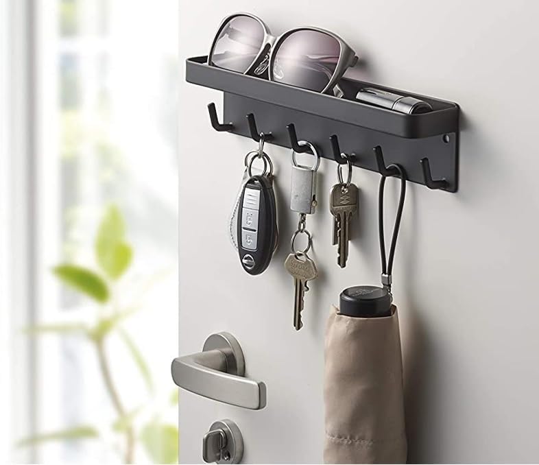 Soporte para llaves montado en la pared con 6 ganchos, soporte de metal autoadhesivo para llaves con bandeja organizadora de correo, colgador de