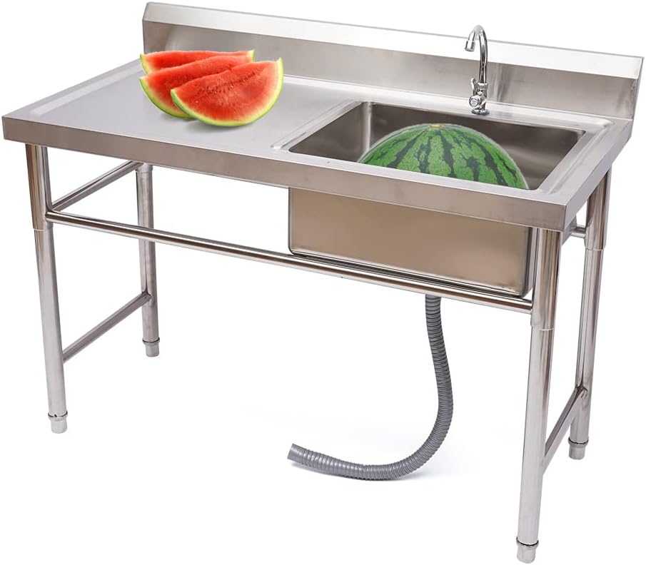 Fregadero de cocina de un solo compartimiento, fregadero de restaurante comercial, de acero inoxidable de 47 pulgadas, tabla de drenaje, fregadero