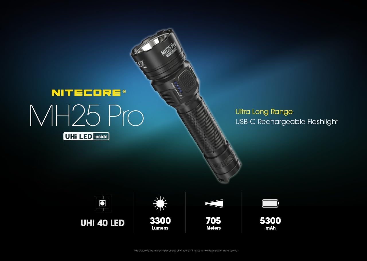 Nitecore MH25 Pro – Linterna de largo alcance de 770 yardas, 3300 lúmenes USB-C recargable, luz de trabajo compacta con organizador Lumentac