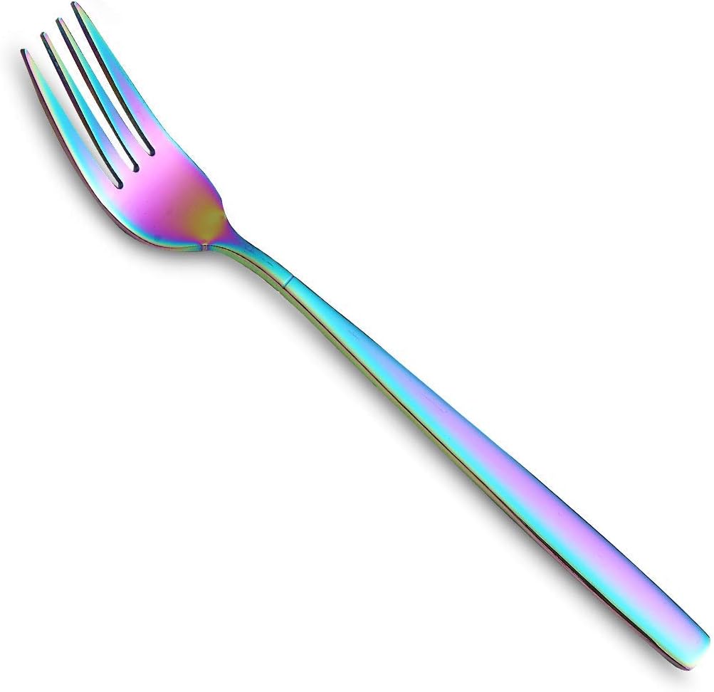 HOMQUEN – Juego de 4 tenedores de cena Rainbow de acero inoxidable resistente de 7.8 pulgadas, diseño moderno, tenedor de mesa chapado de titanio,