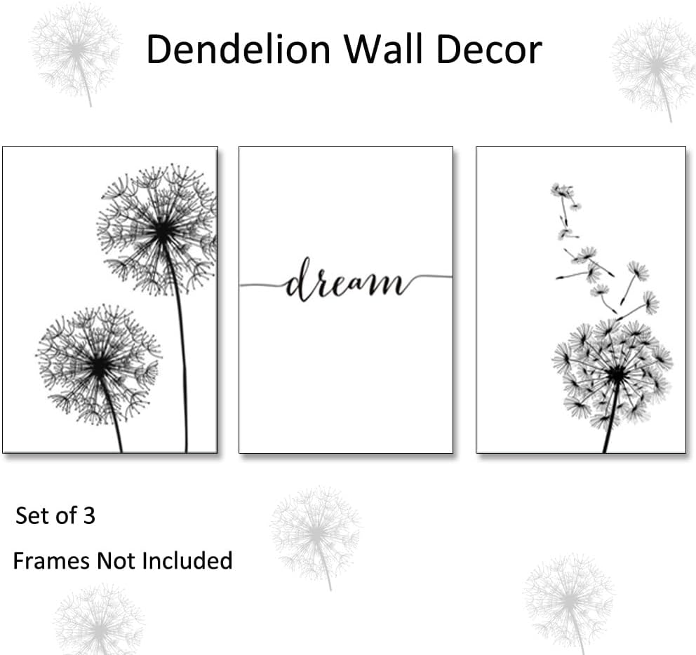 YOWOCAL Decoración de pared de diente de león, lienzo de flores en blanco y negro, decoración de sala de estar, dormitorio, guardería, impresiones
