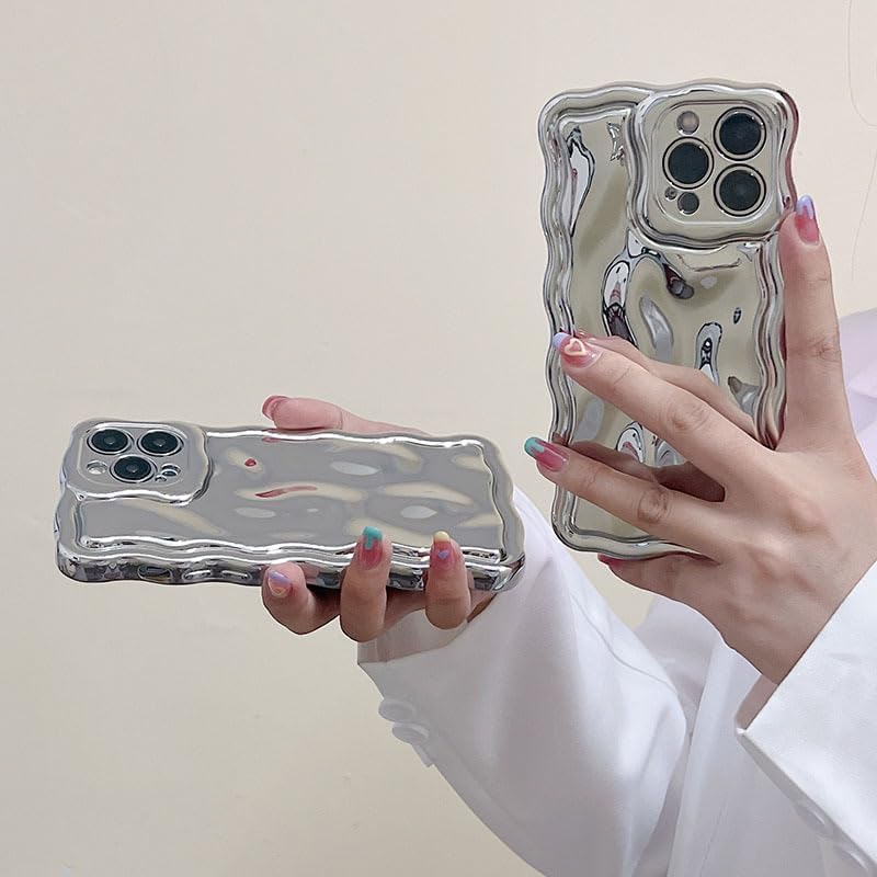 Funda compatible con iPhone 11, con marco ondulado de agua con burbujas, para mujeres y niñas, con purpurina plateada, no amarillenta, de silicona