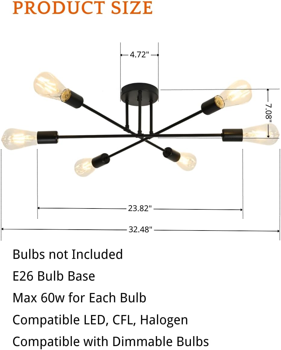 Candelabro Sputnik de metal industrial para sala, comedor, dormitorio, cocina, granja, oficina (6 luces, negro, ancho 23.8 pulgadas, altura 7.1