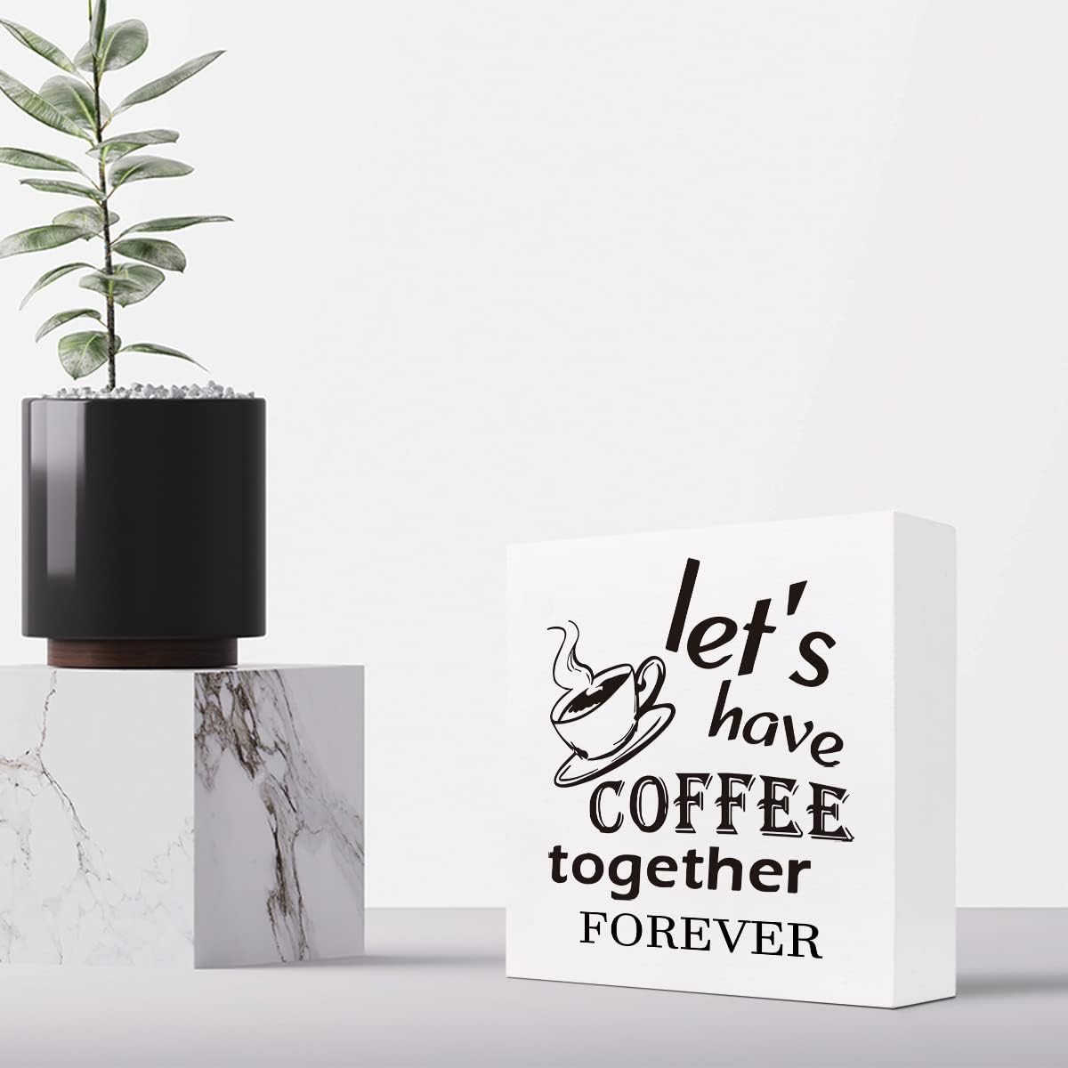 z-crange Letrero de madera con texto en inglés “Let’s Have Coffee Together Forever” para decoración de escritorio, divertida caja de placa de madera
