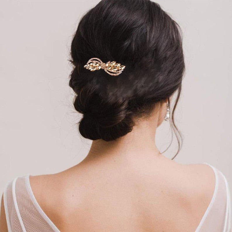 Aneneiceera Pinza para el pelo de cristal vintage, pasador de pelo con diamantes de imitación dorados, clip de cabeza de circonita cúbica,