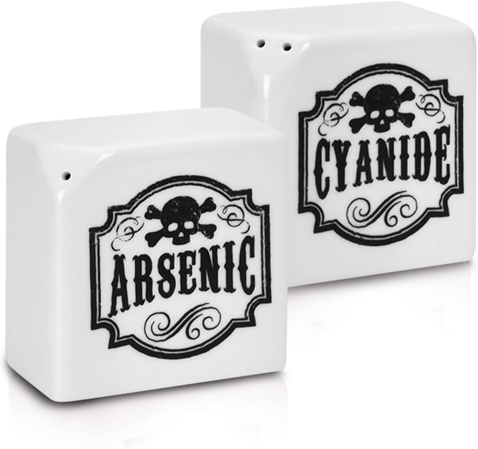 Juego de saleros y pimenteros de cerámica, juego de coctelero de especias con etiquetas de arsénico y cianuro de estilo gótico boticario, bonitos