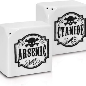 Juego de saleros y pimenteros de cerámica, juego de coctelero de especias con etiquetas de arsénico y cianuro de estilo gótico boticario, bonitos Juego de saleros y pimenteros de cerámica, juego de coctelero de especias con etiquetas de arsénico y cianuro de estilo gótico boticario, bonitos