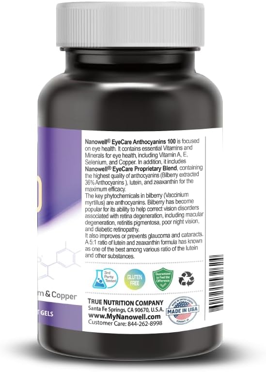 NANOWELL EyeCare Antocianinas 100-60 cápsulas blandas x 1 botella durante 2 meses, suplemento de salud ocular, vitaminas oculares, luteína (60