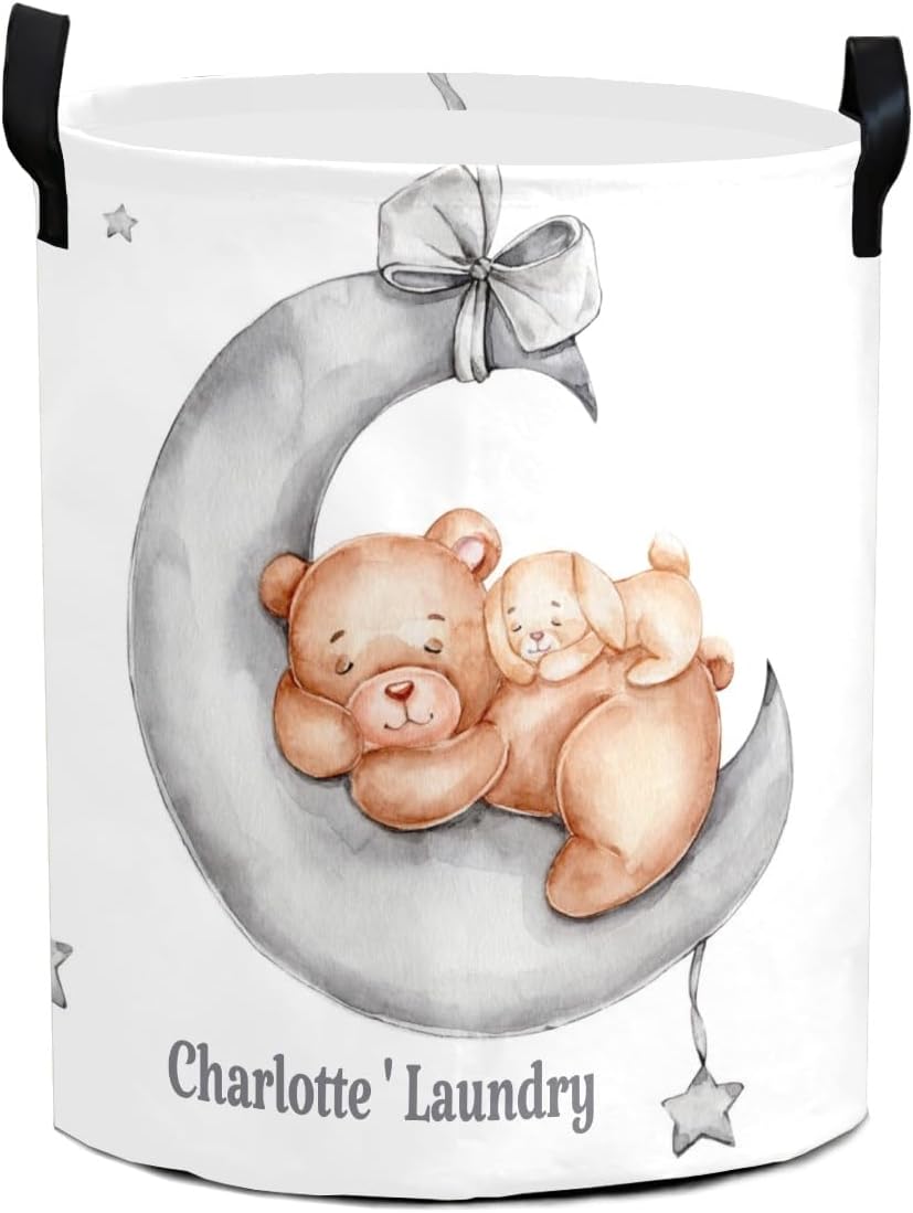 Sleepy – Cesta de ropa con asas personalizada, con diseño de oso de peluche y luna, impermeable, plegable, personalizable, para dormitorio, baño,