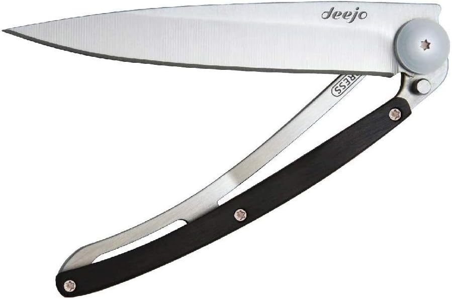 Deejo – Cuchillo de bolsillo plegable ultraligero con clip para cinturón, versión ébano, 1.3 onzas, hoja fina y afilada, acero inoxidable, diseño