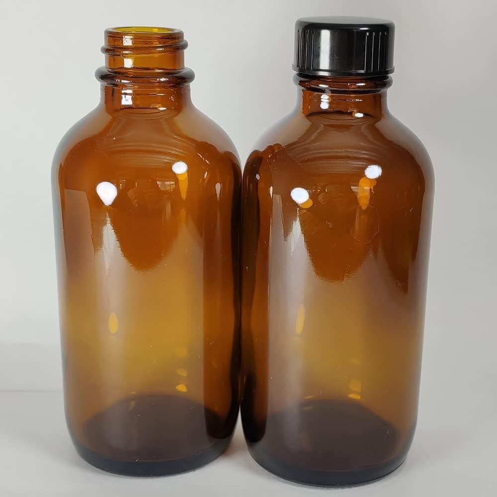 Bioll – Botellas de vidrio Boston de 4 onzas líquidas. Botella de aceite esencial con tapas de cono de polietileno negro. Para poción, jugo,
