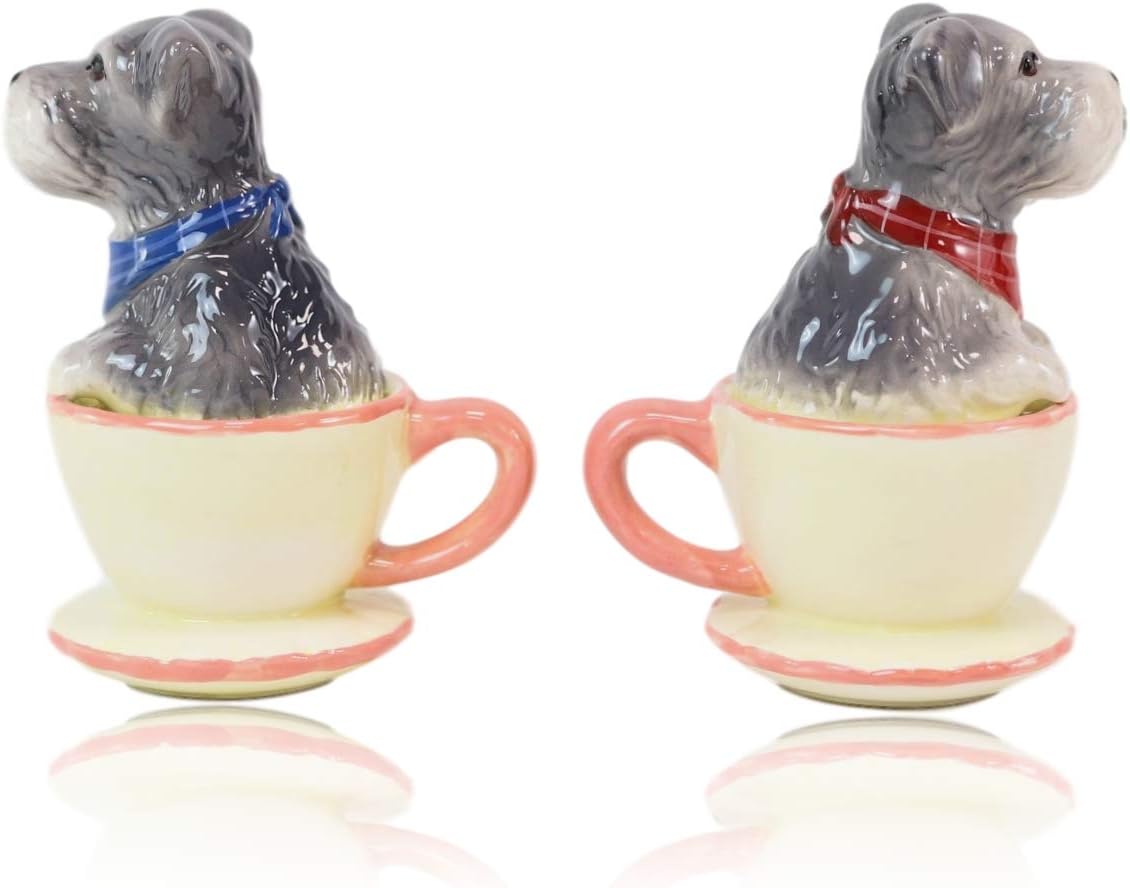 Ebros – Juego de salero y pimentero de cerámica gris Schnauzer en miniatura, juego de salero y pimentero, figuras de San Valentín, fiestas, cocina,