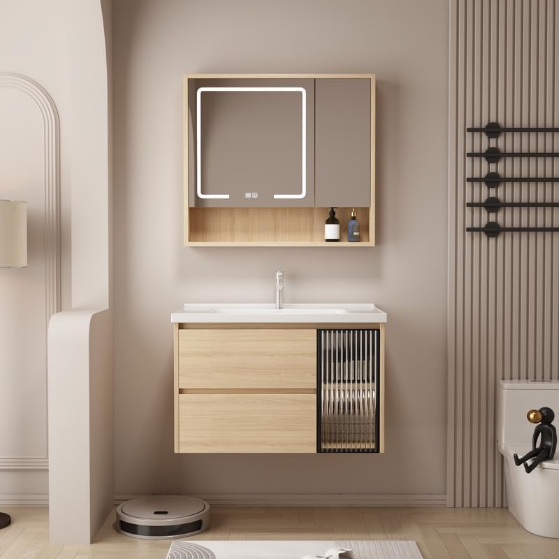 Tocador de baño de 32 pulgadas montado en la pared, tocador de baño con fregadero de cerámica, tocador de baño moderno con 2 cajones de cierre