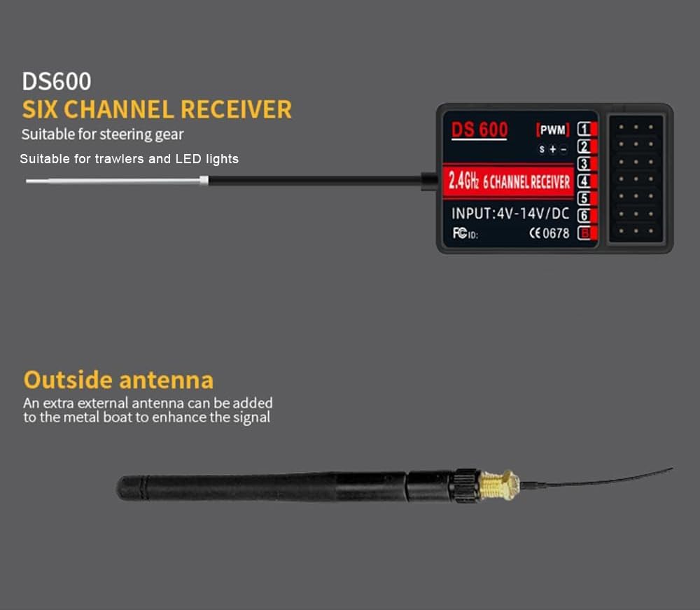 HOTRC DS-600 6CH 2.4GHz Transmisor RC y receptor control remoto con DS 600 PWM 6 canales receptor para barco RC (con 2 receptores)