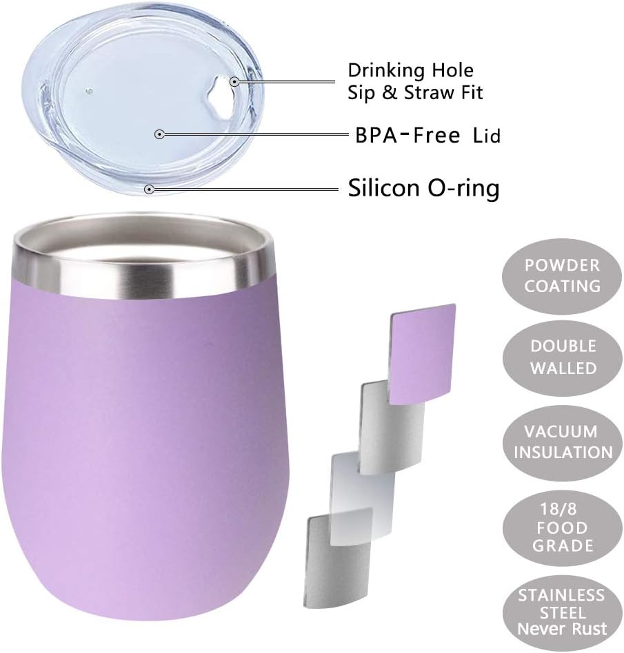 Taza de vino de acero inoxidable de 12 onzas, aislamiento al vacío, doble pared, tapa de café sin tallo, botella de viaje con pajita, botella de