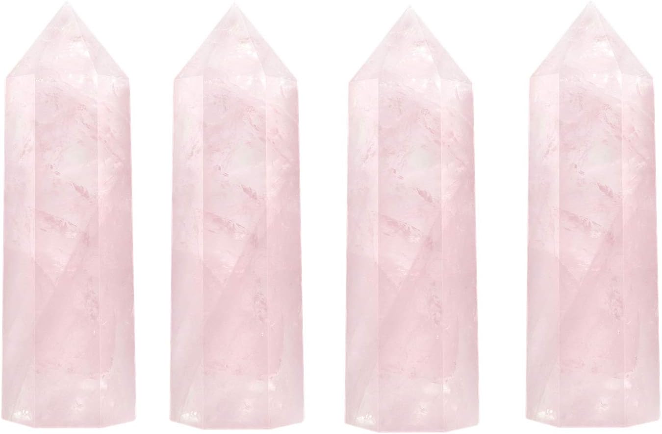 Varitas de cristal curativo  Puntos de cristal de cuarzo rosa de 2 pulgadas, 6 facetas de terapia de meditación de chakras Reiki, 4 unidades, Cristal