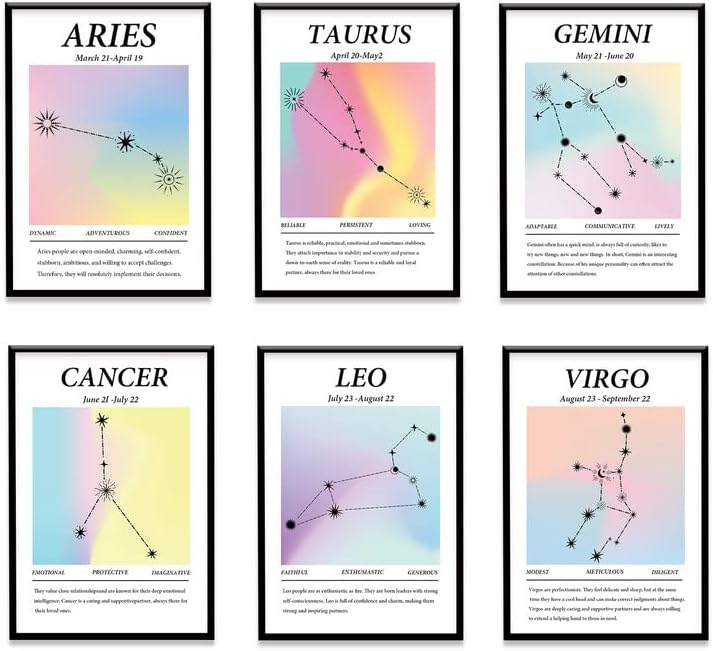 Juego de 6 pósteres de arte de pared impresos en lienzo de doce constelaciones, decoración de pared de astrología, decoración estética de