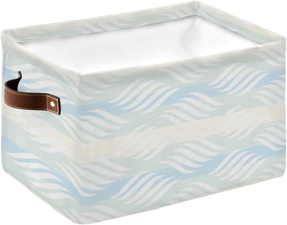 Teal Blue Striped Storage Basket for Organizing Shelves, Collapsible Storage Bins Boxes with Handle, Modern White Moire Geometric Abstract Art