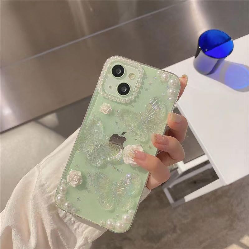 Funda transparente con purpurina para iPhone 15, bonita funda de silicona suave para mujeres y niñas, diseño de mariposas 3D, con perlas de cristal,