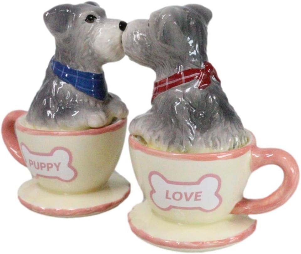 Ebros – Juego de salero y pimentero de cerámica gris Schnauzer en miniatura, juego de salero y pimentero, figuras de San Valentín, fiestas, cocina,