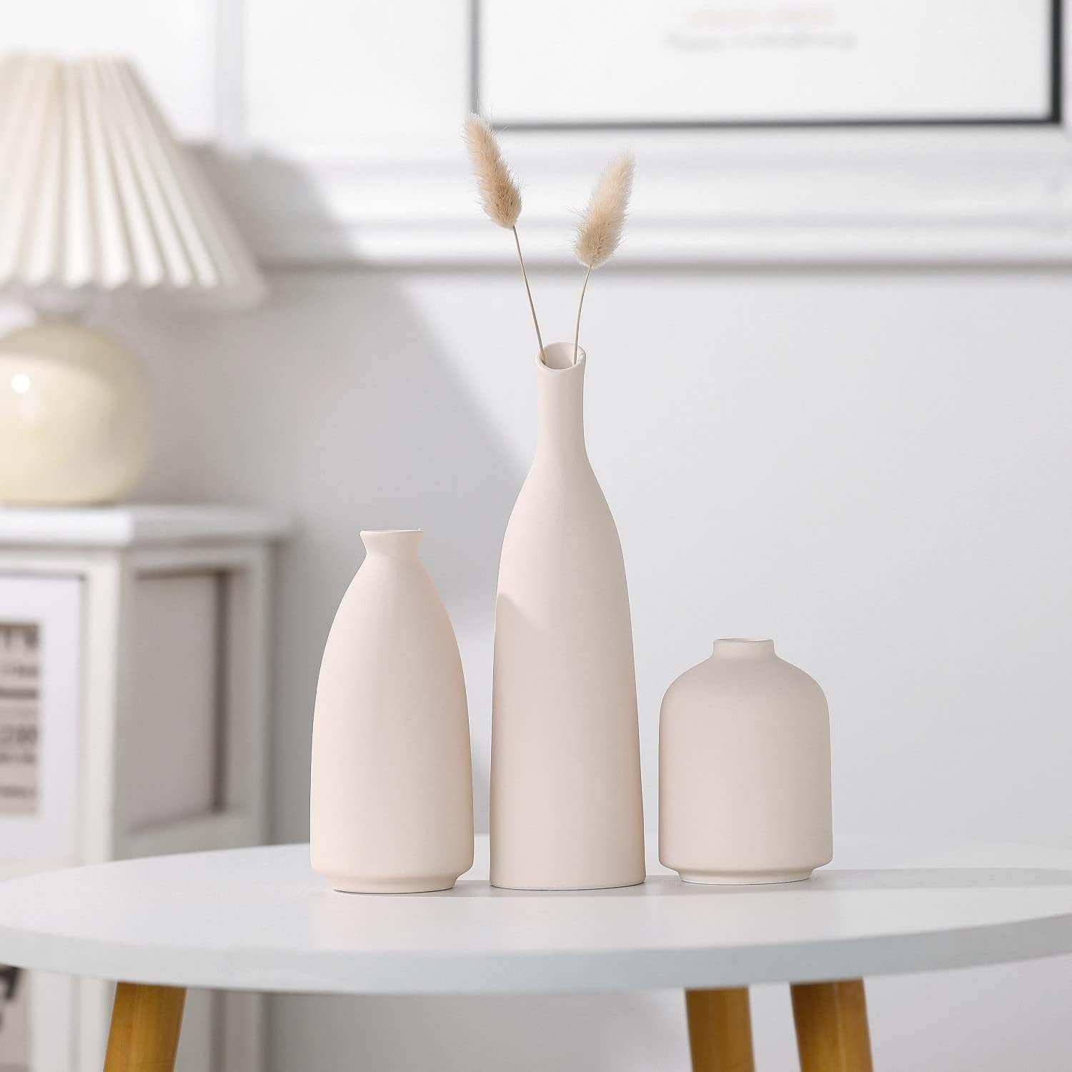 Jarrón de cerámica beige para decoración del hogar, 3 jarrones pequeños para decoración de mesa, florero de decoración de sala de estar, jarrones de