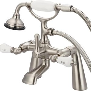 Water Creation Grifos de latón con manijas de palanca de porcelana en níquel cepillado Water Creation Grifos de latón con manijas de palanca de porcelana en níquel cepillado