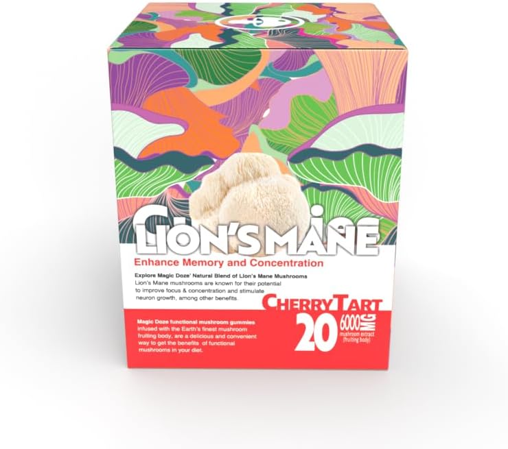 MAGICDOZE Brainfood Gomitas de hongo melena de león, cuerpo fructífero de melena de león de 6000 mg, 20 gomitas veganas por botella