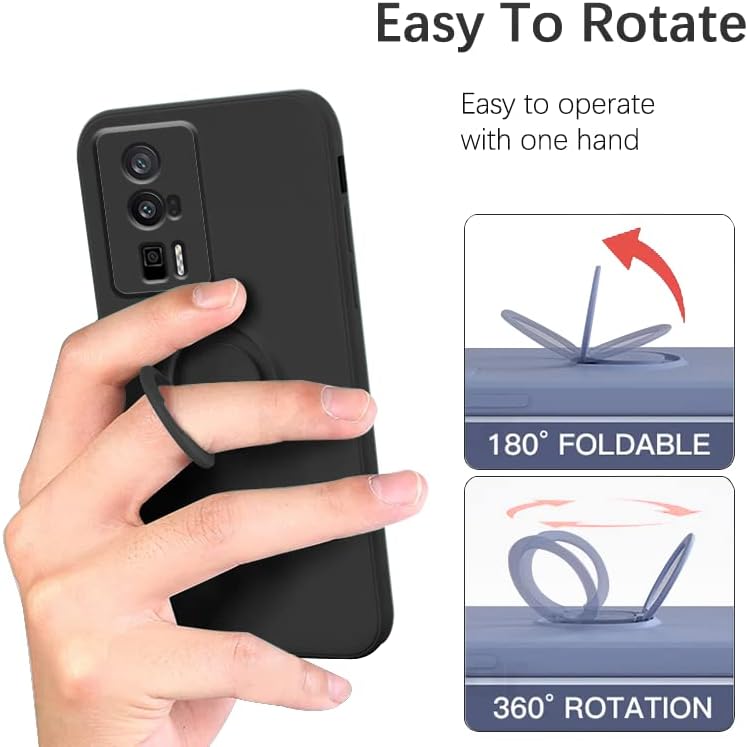 Funda compatible con Poco F5 Pro con soporte de anillo negro, funda para teléfono Xiaomi Poco F5 Pro, funda de silicona líquida con forro de