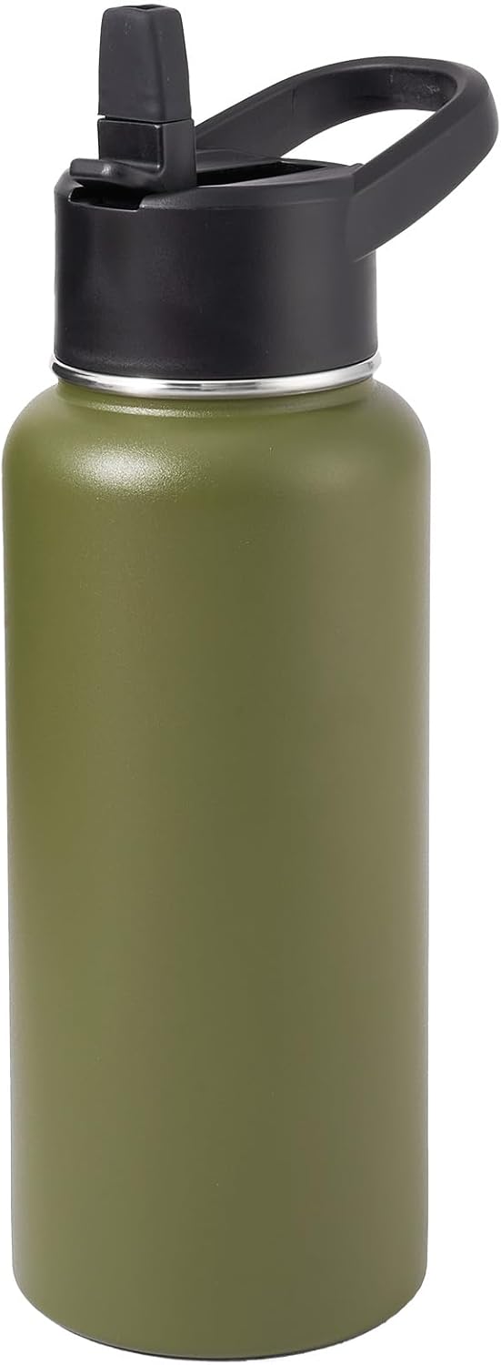 Botella de agua de acero inoxidable con popote y tapa de boca ancha, mango giratorio ancho, botella de agua aislada al vacío de doble pared de 32