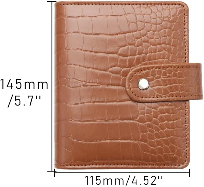 Carpeta de presupuesto de cocodrilo A7, carpeta planificadora de cuero marrón, carpeta de 6 anillos con cierre a presión, sistema de sobres de