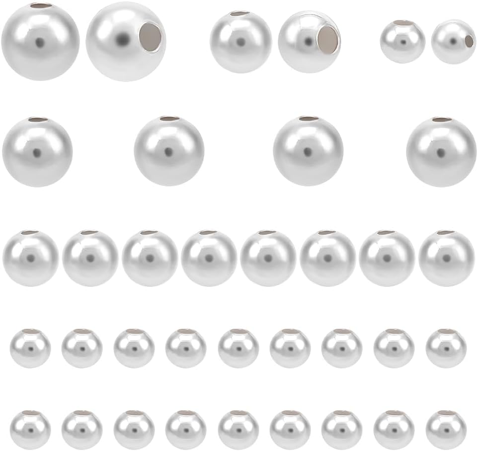 PH PandaHall Cuentas espaciadoras de plata de ley 925, 36 cuentas redondas lisas de 0.118 in, 0.157 in y 0.236 in, cuentas pequeñas de larga