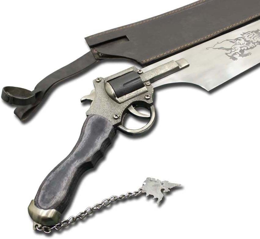 Espada funcional de réplica de revólver para cosplay, construcción de acero inoxidable, funda de cuero, espada de anime con un revólver funcional