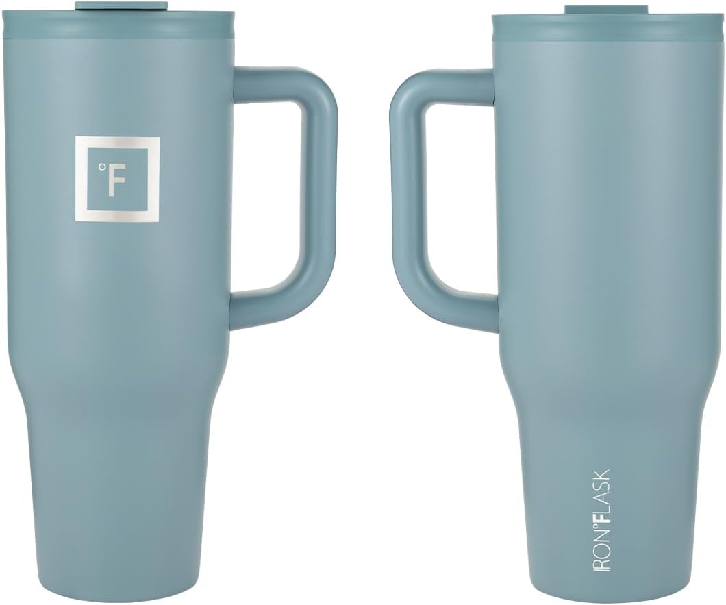 IRON FLASK Co-Pilot – Vaso aislado con popote y tapas abatibles, botella portavasos, para bebidas calientes y frías, a prueba de fugas, agua, taza